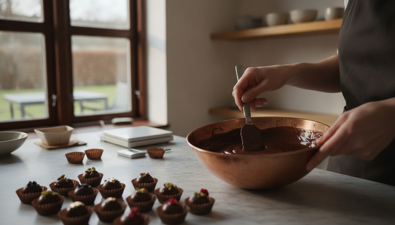 Hænder tempererer mørk chokolade i skål med færdige chokolader på arbejdsplade.