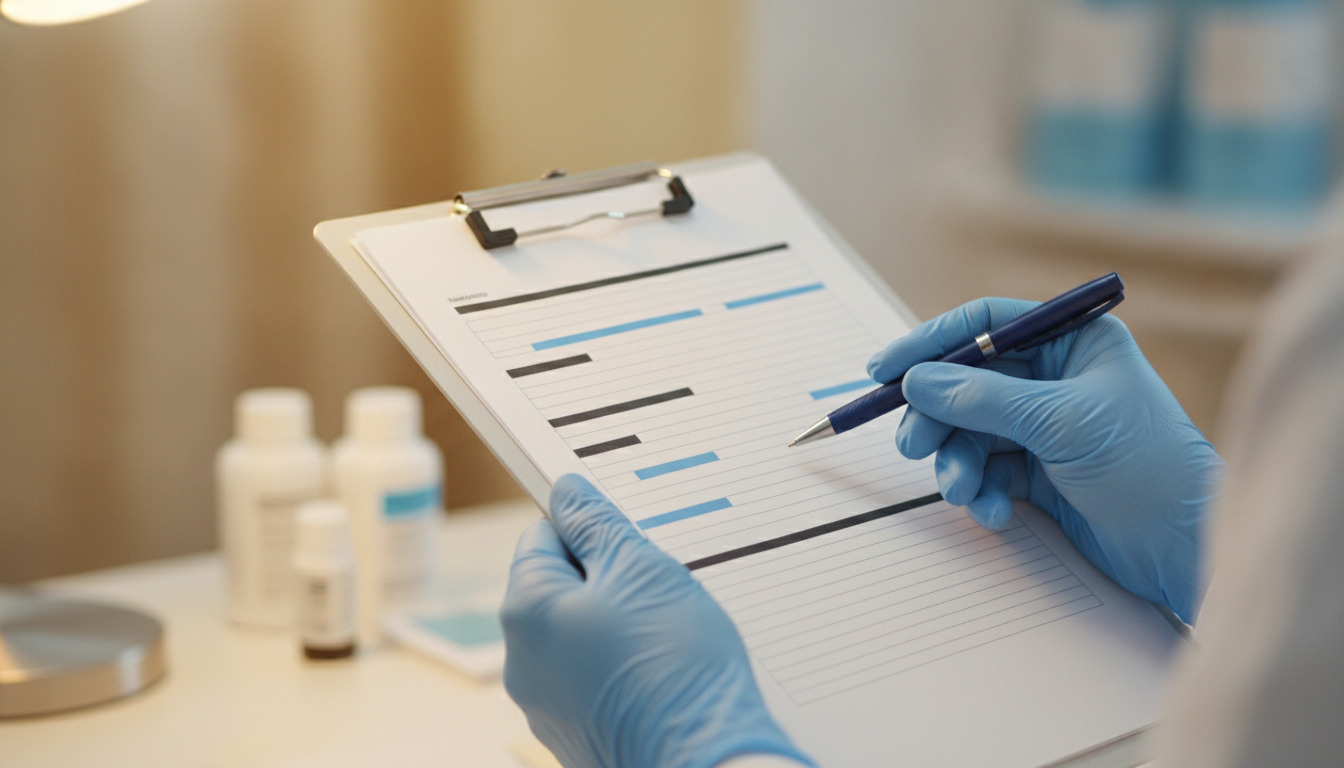 Sygeplejerske i blå handsker holder en udklipsmappe med patientnoter og pen under varmt lys.