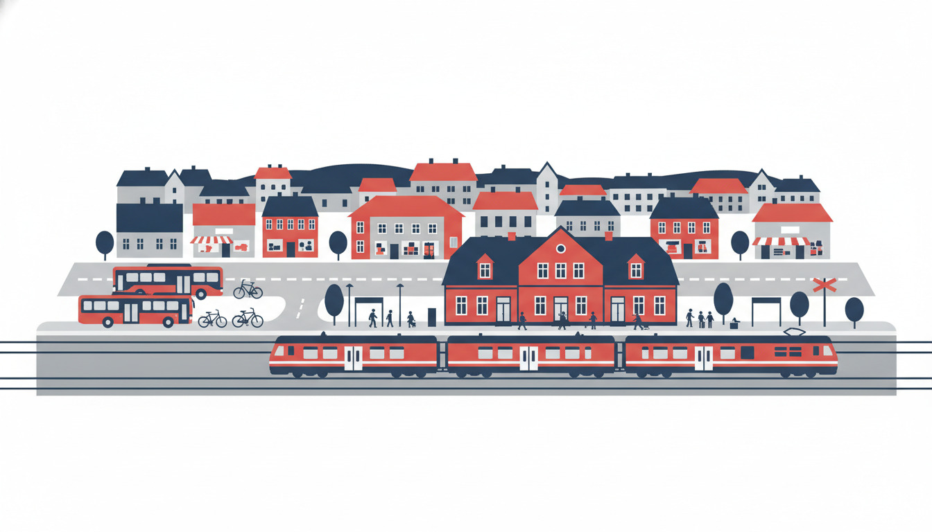 Fladvektorillustration af Langå jernbanestation med røde tog ved perronen, historisk rødt stationsbygning, busser, cykler og bylandskab i baggrunden – multimodalt transportknudepunkt.