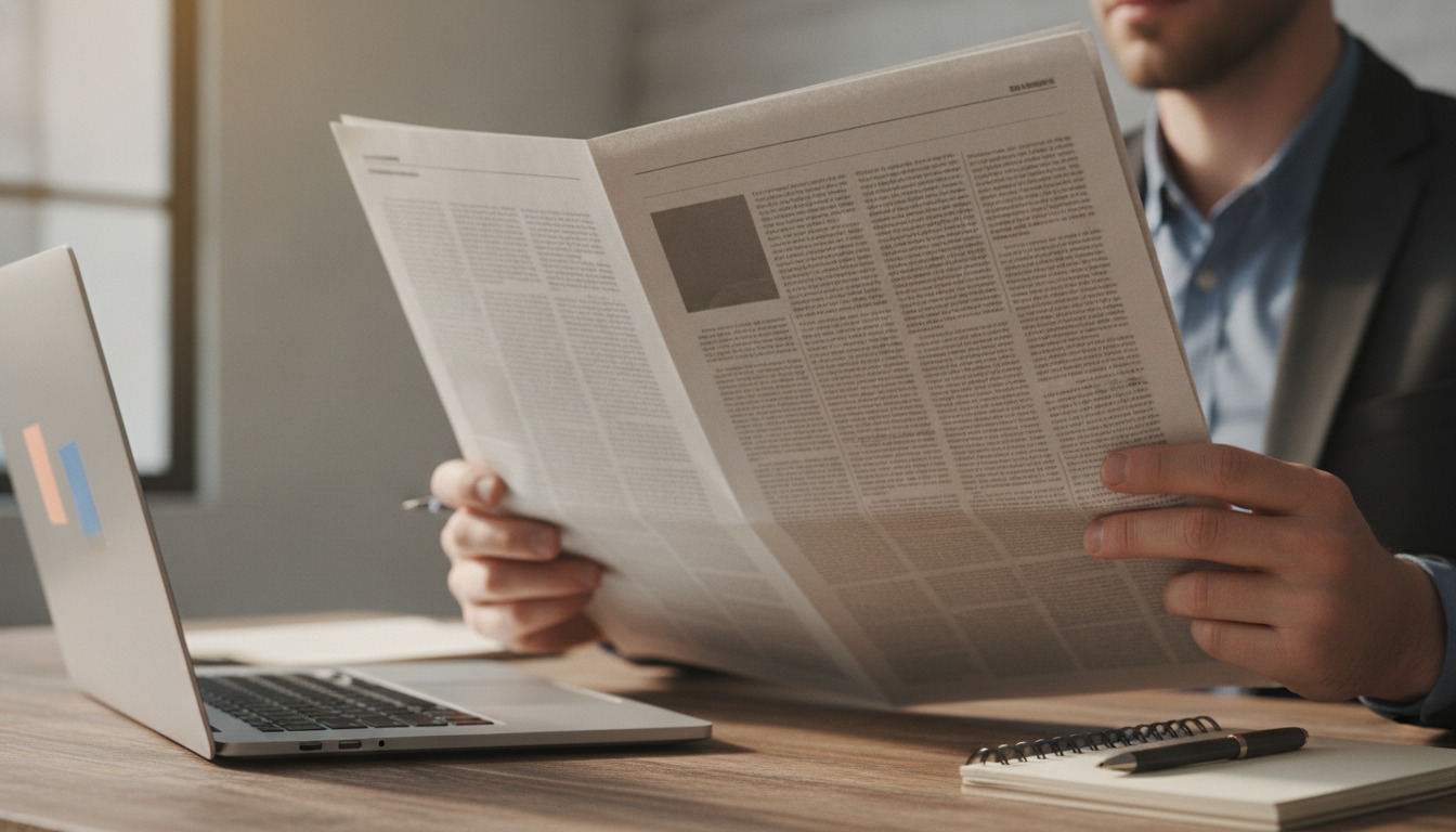 Journalist holder avis med begge hænder ved træbord, laptop og notesbog i baggrunden, naturligt lys.