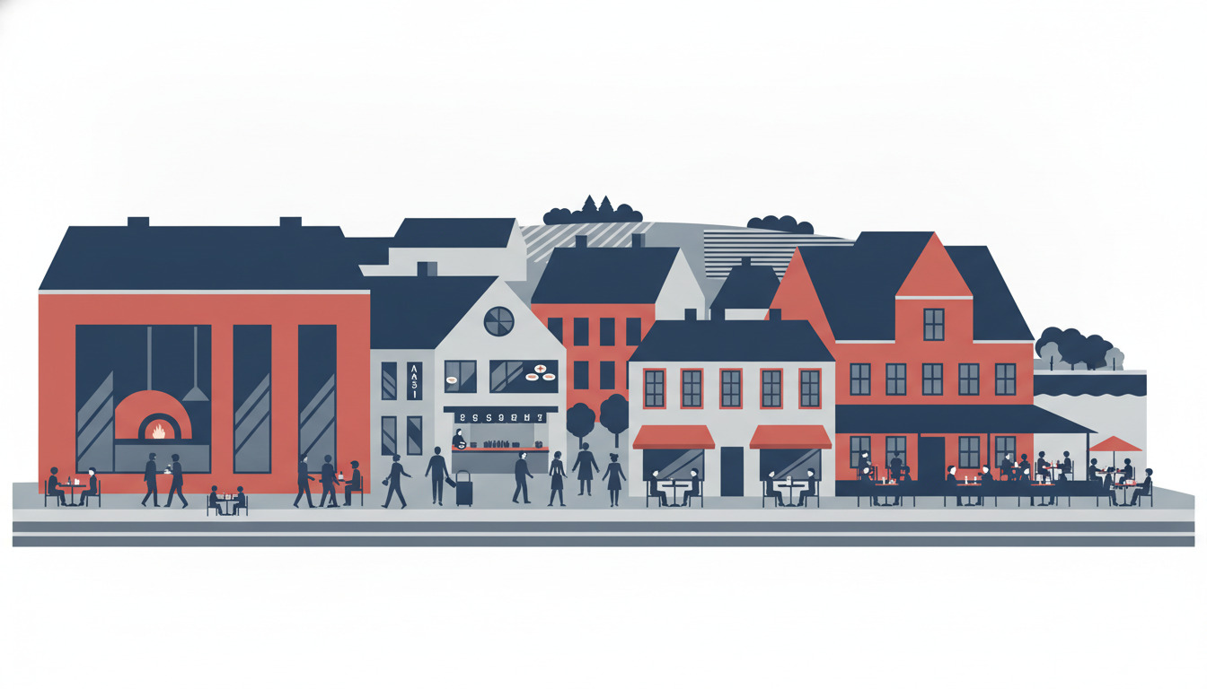 Flad vektorillustration af Hadsunds spisestue-scene med koral- og marineblå bygninger, synlig pizzeria-ovn, moderne sushi-restaurant, udeluftscafé-sideplads og vandkant-kro med personer, der spiser og går omkring.