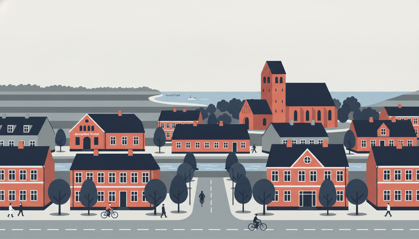 Allingåbro bymidte med røde mursten bygninger, Vejlby Kirkes karakteristiske tårn som stiger centralt, den historiske banegård (Allingåbro Station) til venstre, træbeplantede gader og Grund Fjord synligt på det nordlige horizont bag flade felter.