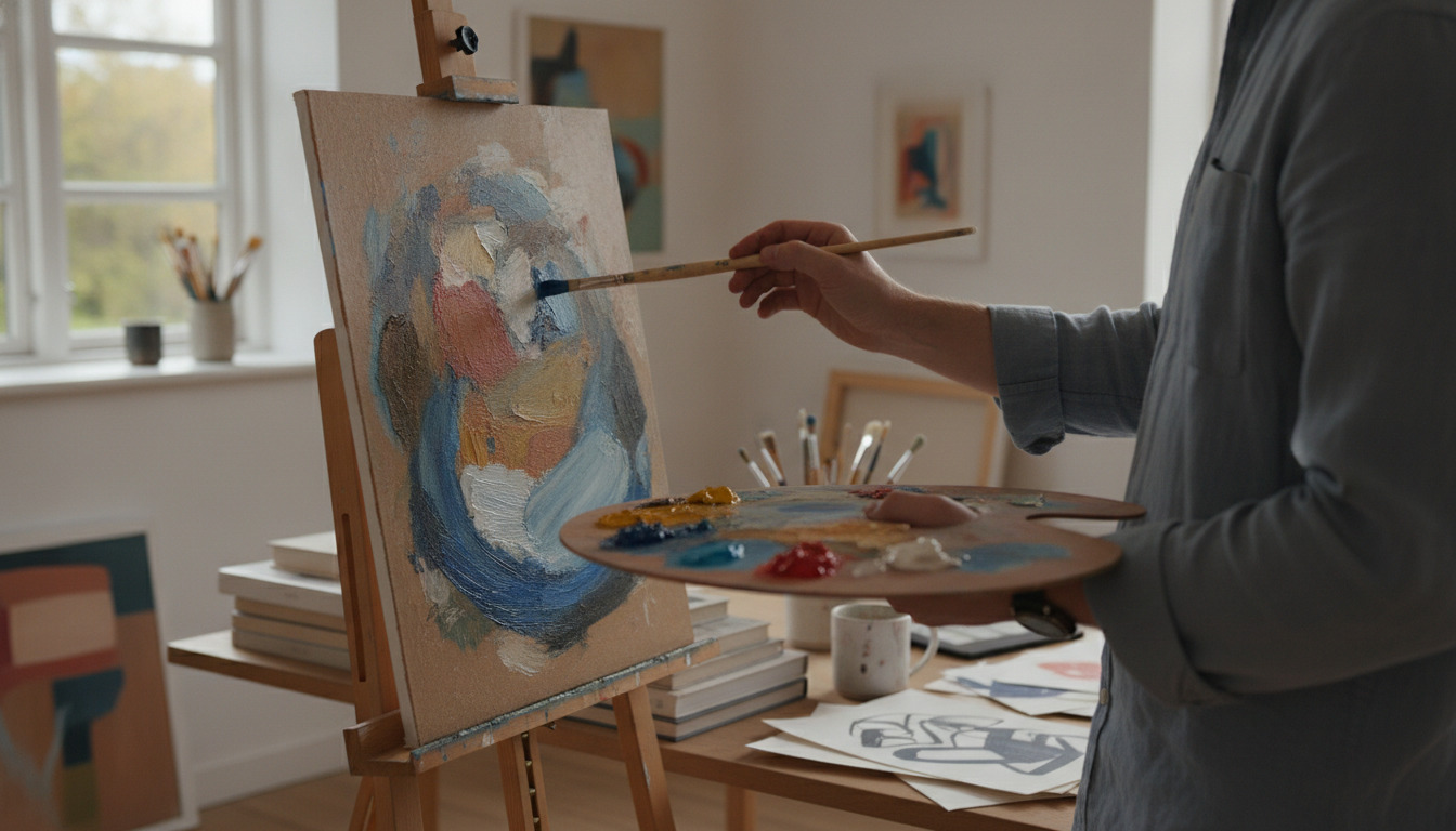 Kunstners hånd maler abstrakt motiv på lærred med pensel og farvepalette i varmt naturlys.