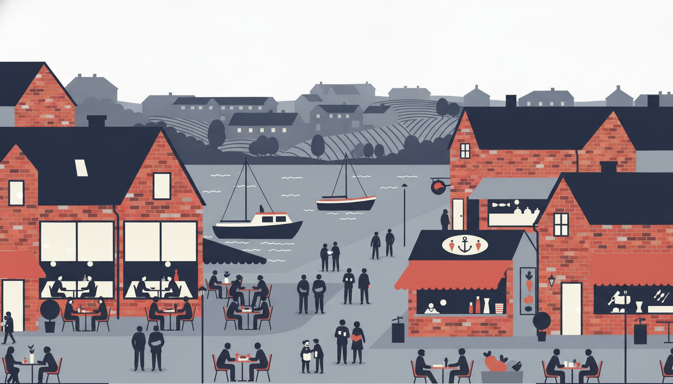 Bogense havneside spisekvarter: røde mursten-vandfront-restauranter med store vinduer, udendørs caféplads, både i havn, fodgængertorv med spisende gæster, traditionelle tagtegls-kro, maritim karakter.