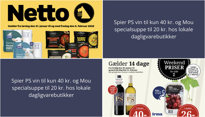 Spier PS vin til kun 40 kr. og Mou specialsuppe til 20 kr. hos lokale dagligvarebutikker