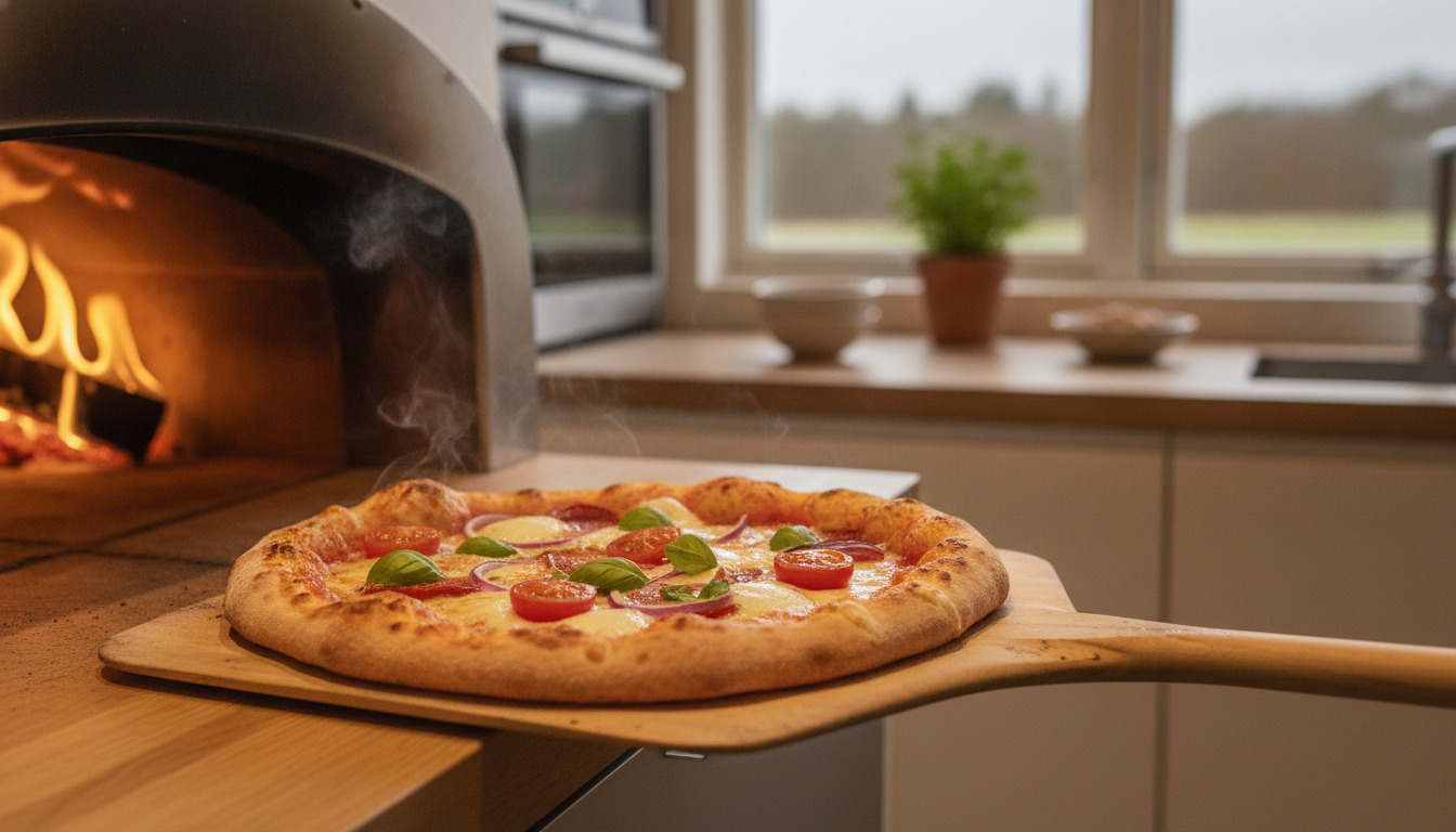Friskbagt pizza med ost, tomat og basilikum på trækumme, tæt på fra ovn med dampende varmestråling.