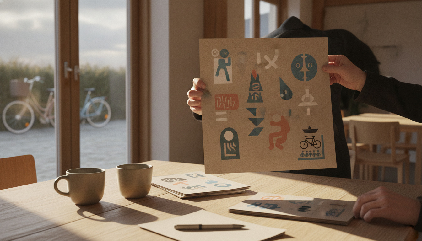 Hænder holder et præmaterialeark med farvede symboler og ikoner op over træbord med kaffekopperog solskin gennem vinduer.