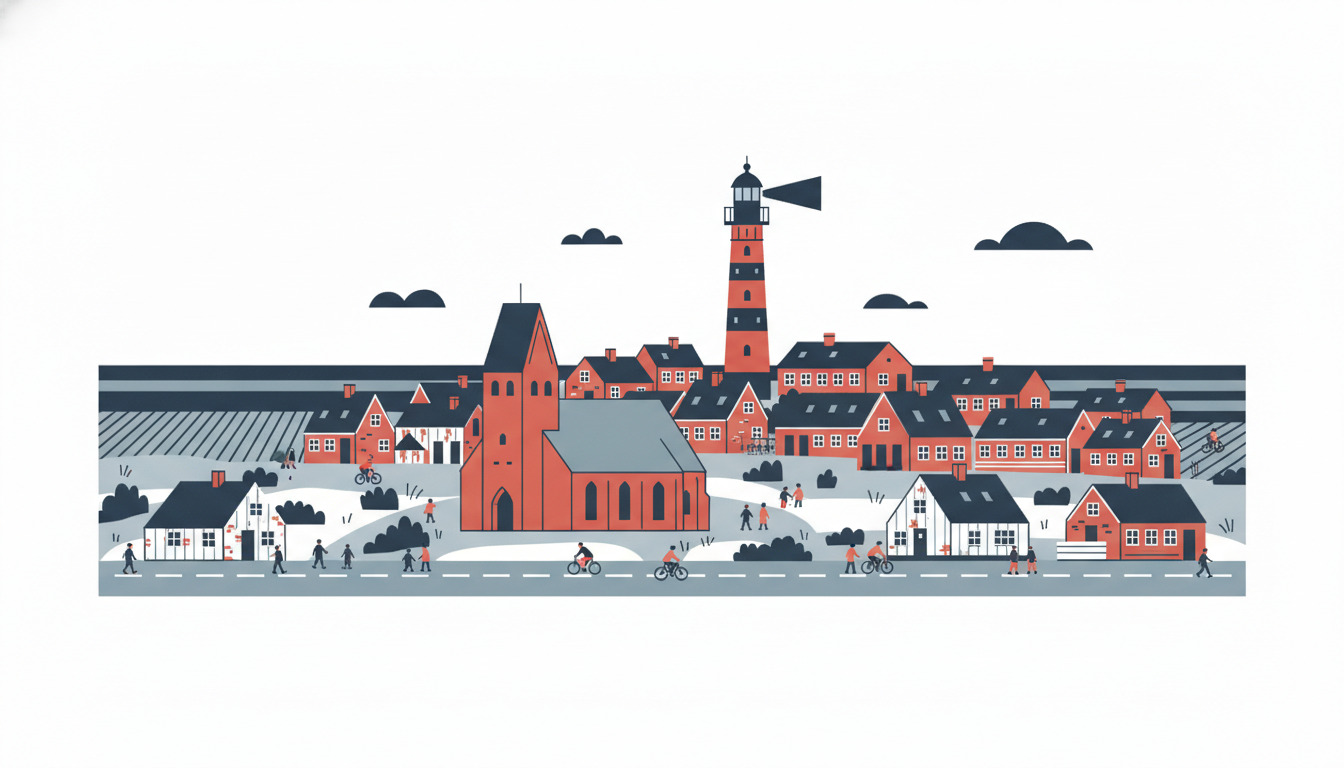 Fladvektorillustration af kystbyen Blåvand: rødt mursten kirke med tårn, ikonisk rød-og-sort stribet fyrtårn med lanternekammer, omgivende rødt mursten huse, strandkolonier, cyklister og figurer på promenaden mod grått hav og himmel.