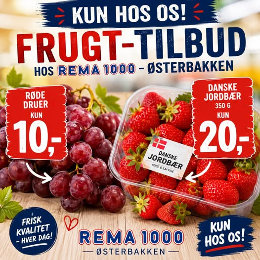 Rema 1000 Rosenkrantzgade har frugttilbud på røde druer og danske jordbær