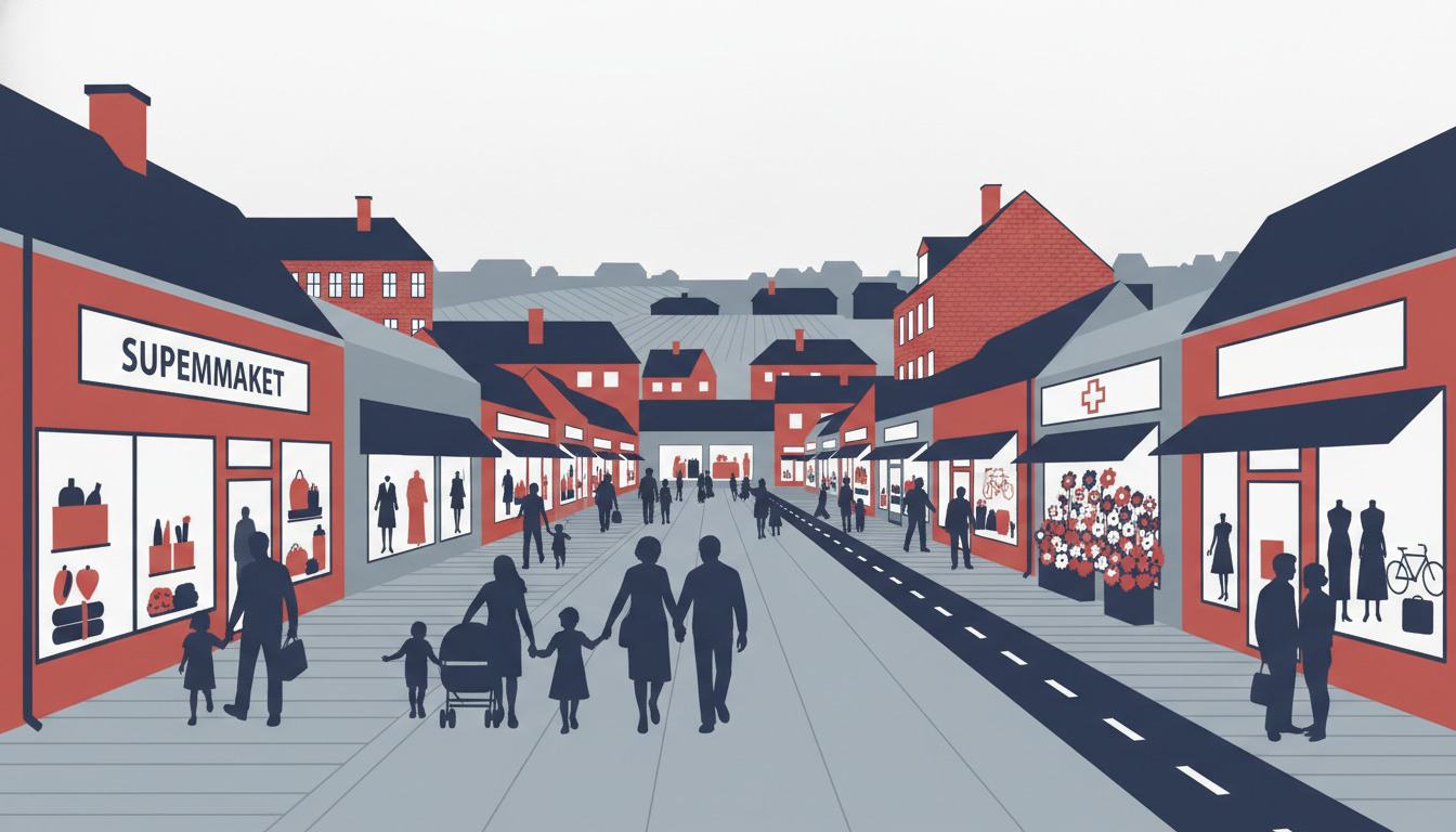 En charmerende flad-vektor-gågade i Børkop med rød-mursten-butiksfacader: supermarked, apotek, blomsterforretning med blomster og cykelbutik. Shoppere i alle aldre ser rundt og går forbi. Historiske bygninger rejser sig bag ved.