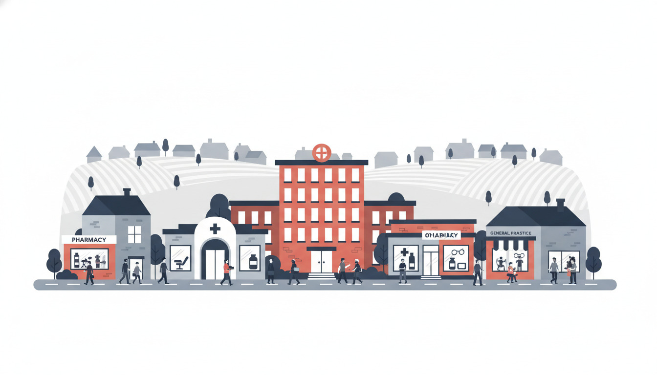 Illustration af sundhedshub i Frederikshavn med rødt murstenshotel i centrum, flankeret af apotek, tandklinik, optiker, fysioterapi og praktiserende læge butiksfront; patienter og personale på en solrig gade med boligbygninger bagved.