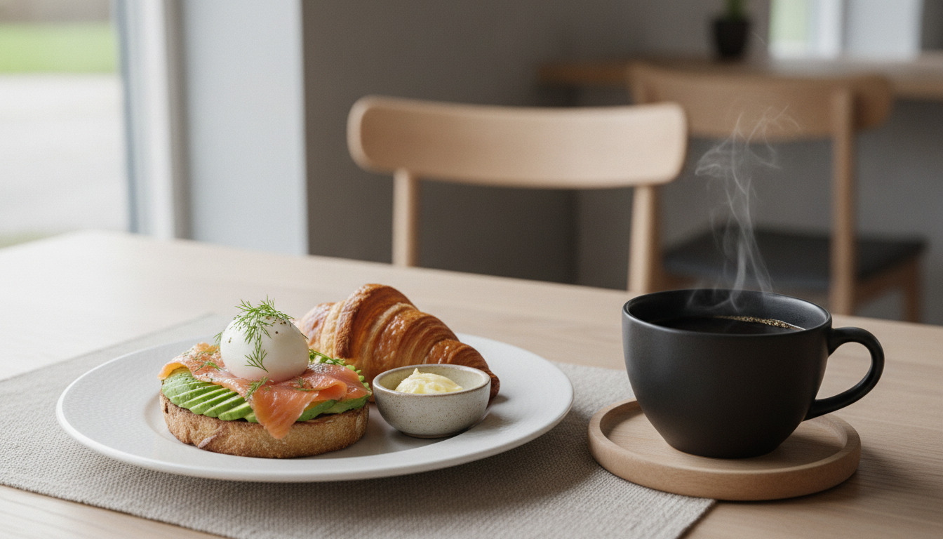 Elegantelt anrettet mad på hvid tallerken med croissant, laks, avocado og pocheret æg, samt sort kaffekopp på træbrikke på træbord.