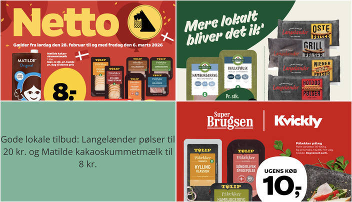 Gode lokale tilbud: Langelænder pølser til 20 kr. og Matilde kakaoskummetmælk til 8 kr.