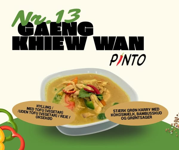 Pinto Thai Take Away tilbyder Gaeng Khiew Wan med kylling, tofu, rejer eller oksekød