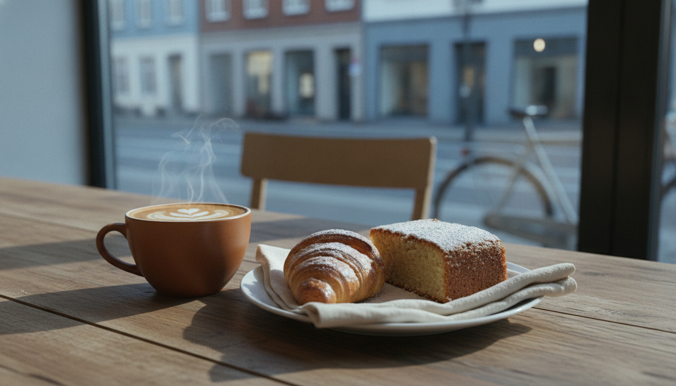 Tætbillede af kaffe med lattekunst, croissant og lagkage med flormelis på træbord i café.