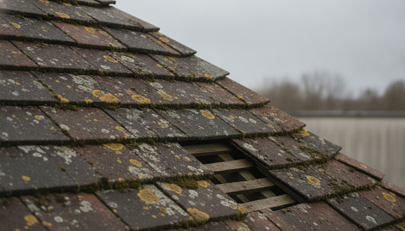 Detaljeret billede af slide- og mørklagte taguld med mos og lav samt tegn på slid og nedbrydning.