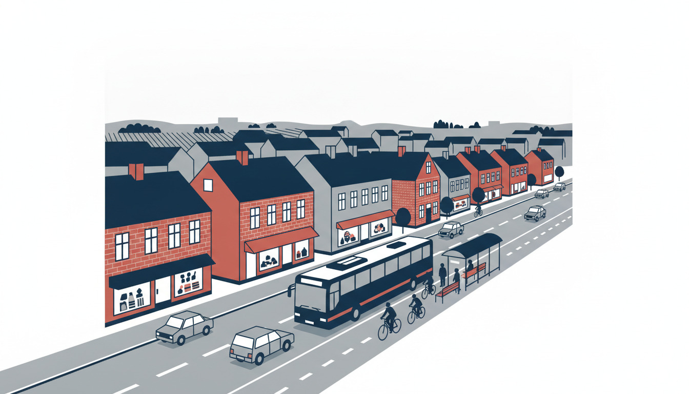 Langtåby gade med biler, cykelister, bus og busstoppested foran røde og grå erhvervsbygninger i fladt vektorstil.
