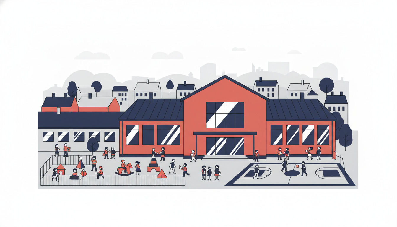 Fladt vektorillustration af en livlig skolegård på Sletten Skole i Otterup, hvor børn leger og lærer på tværs af dag- og skoleområder, med en moderne rødt-muret bygning med store vinduer og indbydende indgang, sat op mod byens skyline.