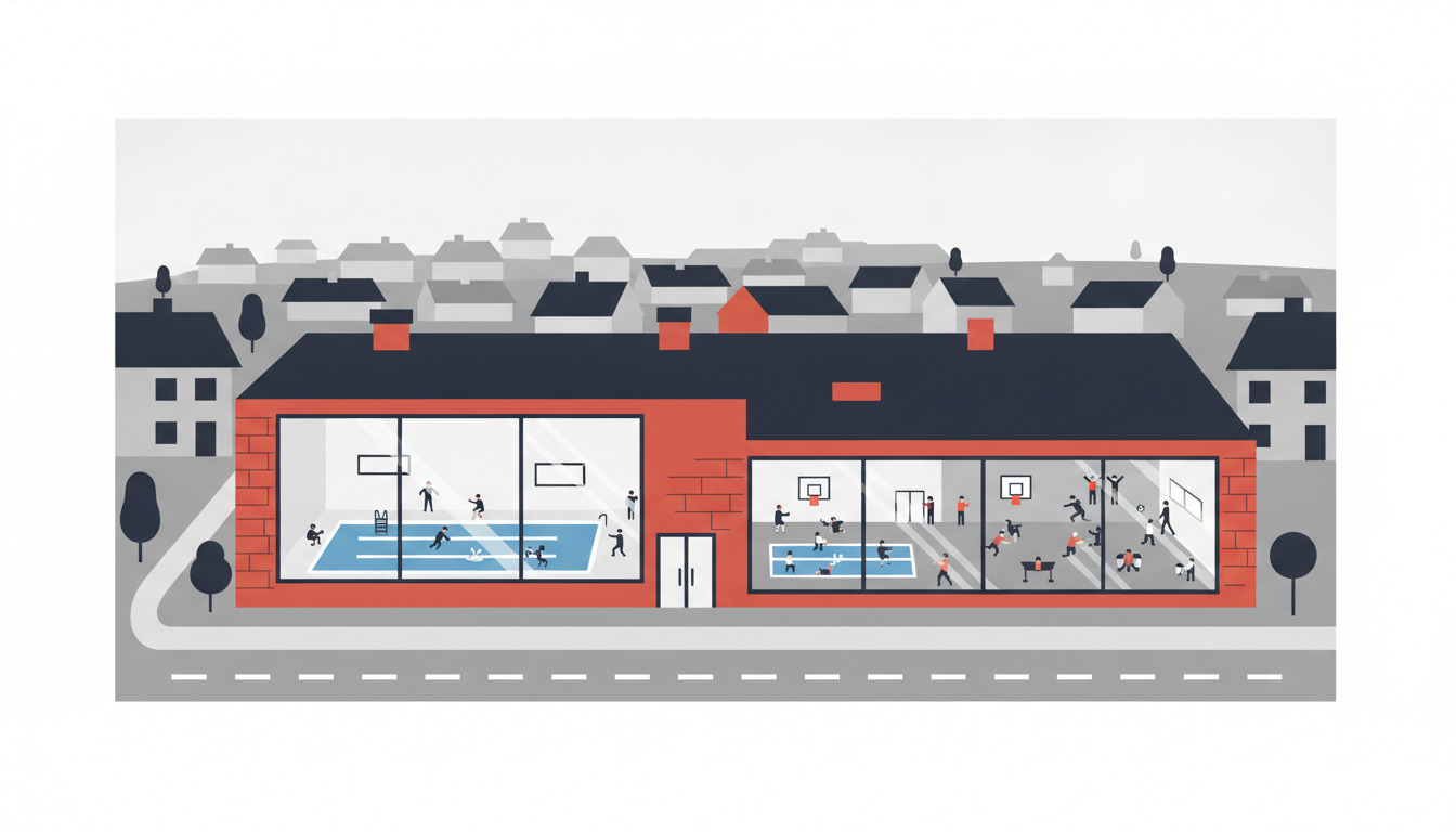 Hornsyld sports og fritidscenter: moderne rødbrick faciliteter med indendørs swimmingpool, fitness- og sportshaller omgivet af bybilledet med bolighusets tagprofiler.