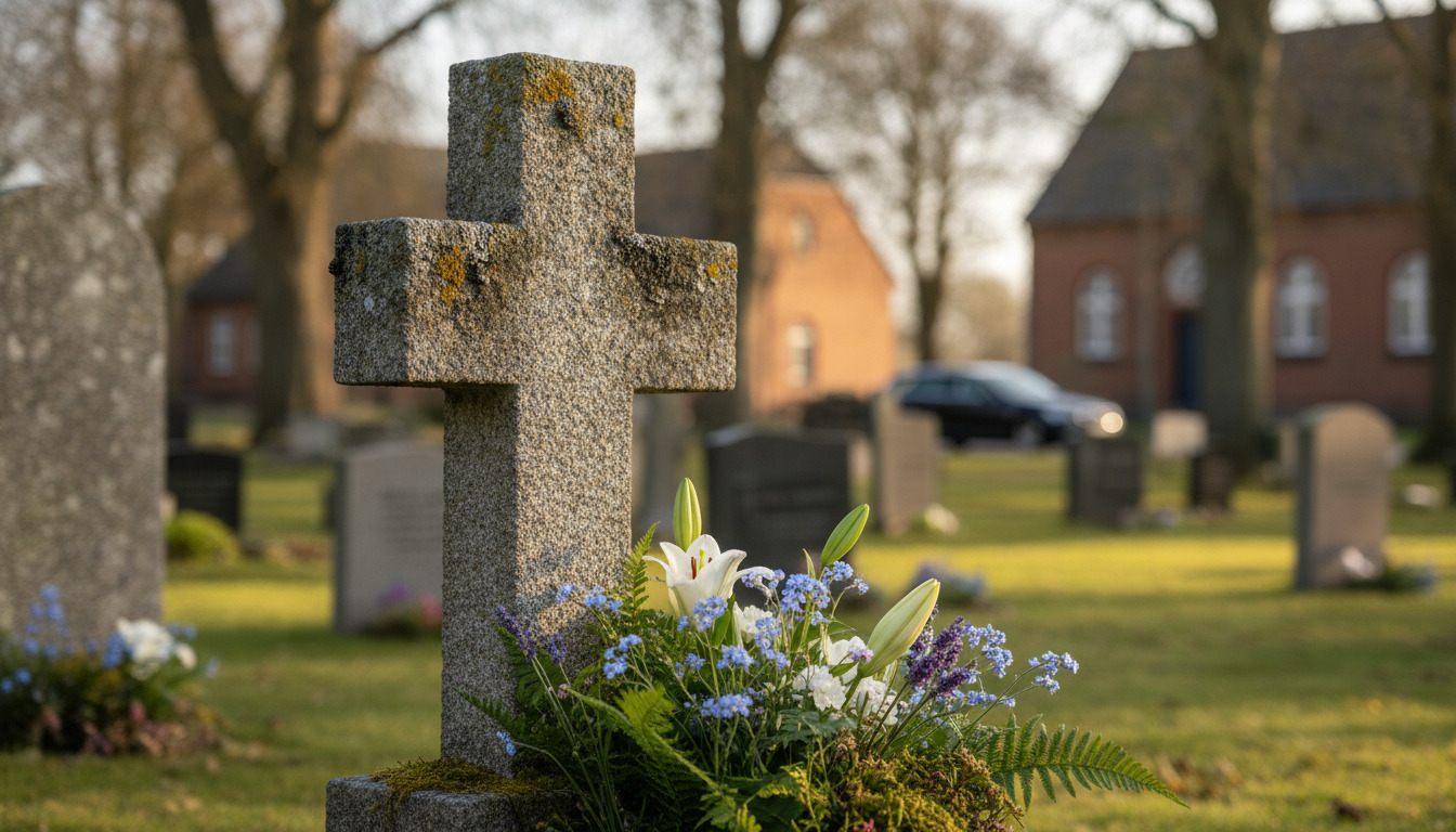 Sten kirkegårdskors med hvide og blå blomster i forgrunden, tæt zoom med sløret baggrund.