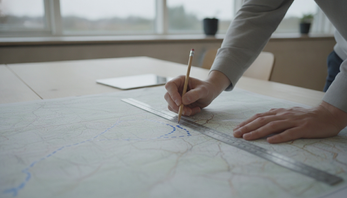 Hænder arbejder med blyant på topografisk kort, tegner rute gennem terræn med højdekurver.