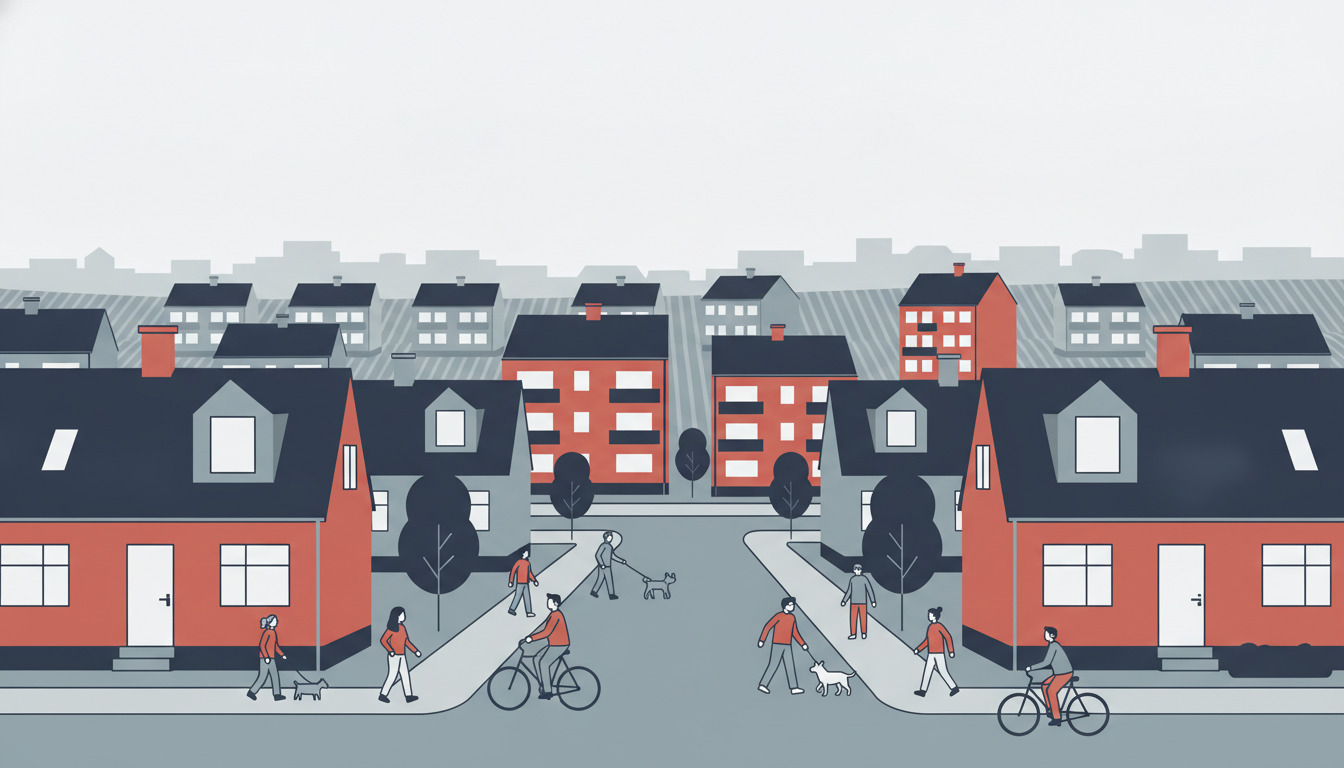 Boligvej i dansk provinsial by med røde og grå enfamiliehuse, lejlighedsblokke i baggrund, folk og cyklister på gaden.