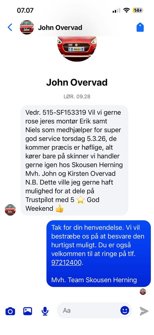 Skousen Herning modtager ros fra tilfreds kunde for fremragende service