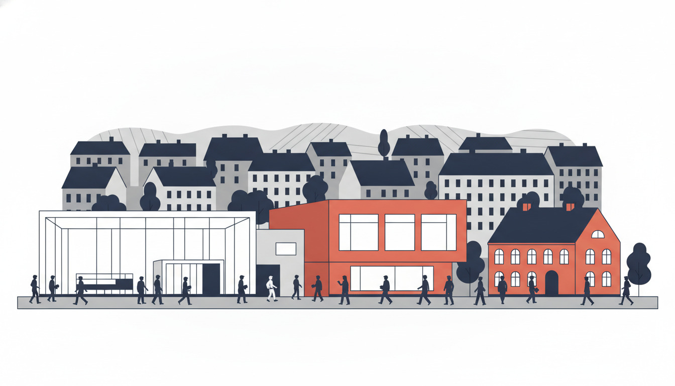 Flad vektorillustration af et uddannelseshub med en moderne rød gymnastikbygning med store vinduer, en traditionel mursten-folkehøjskole, et glasfacaderet bibliotek, studerende der bevæger sig mellem bygninger, og boligforsamlinger i baggrunden.