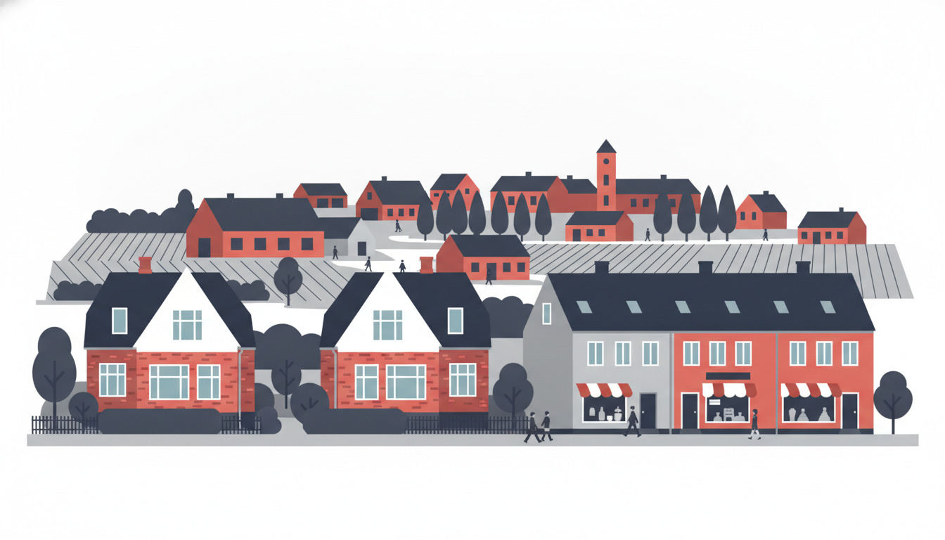 Flad vektorillustration af et dansk beboelsesekvarter med traditionelle røde mursten villaer, mørke spidstage, hvidt vinduesbånd, hegnede haver og rækkehuse typisk for Nyborgs boligmarked.