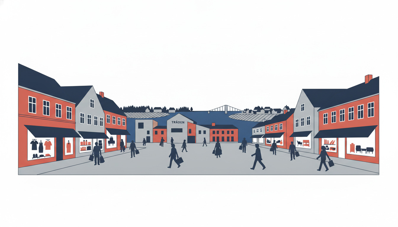 En levende indkøbsgade i Middelfart med gående forbi butikker med variedde vinduesudstillinger. Tråden-bygningen ses centralt i baggrunden blandt traditionelle danske butiksfacader, med vandkanten af Lillebælt antydet i det fjerne.