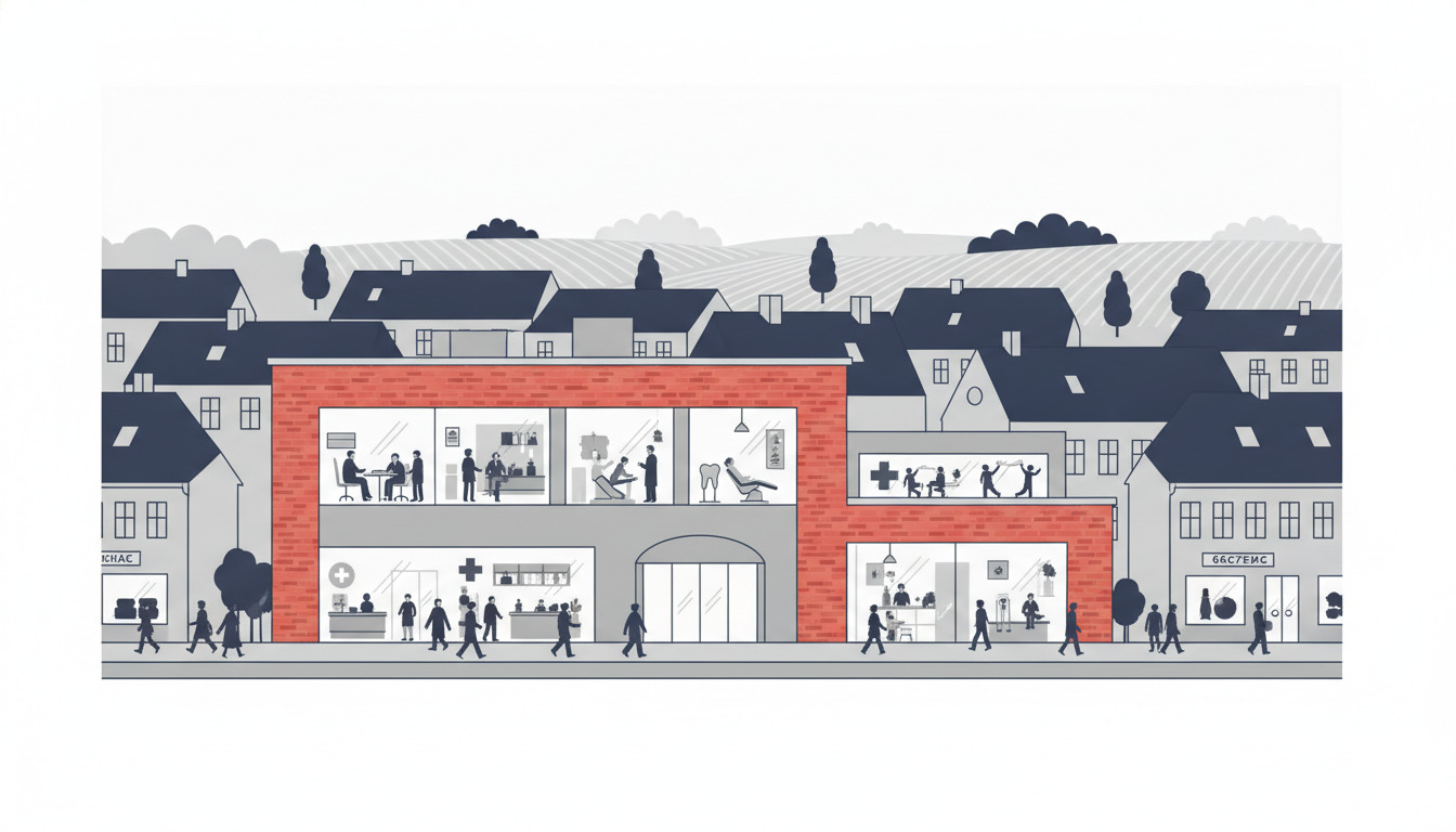 Flad vektor-illustration af en moderne rød mursten medicinklinik med store vinduer, der viser praktiserende læges kontorer, apotek, tandlæge og rehabiliteringstjenester. Danske bydakstakker og landlige område synlige bagved.