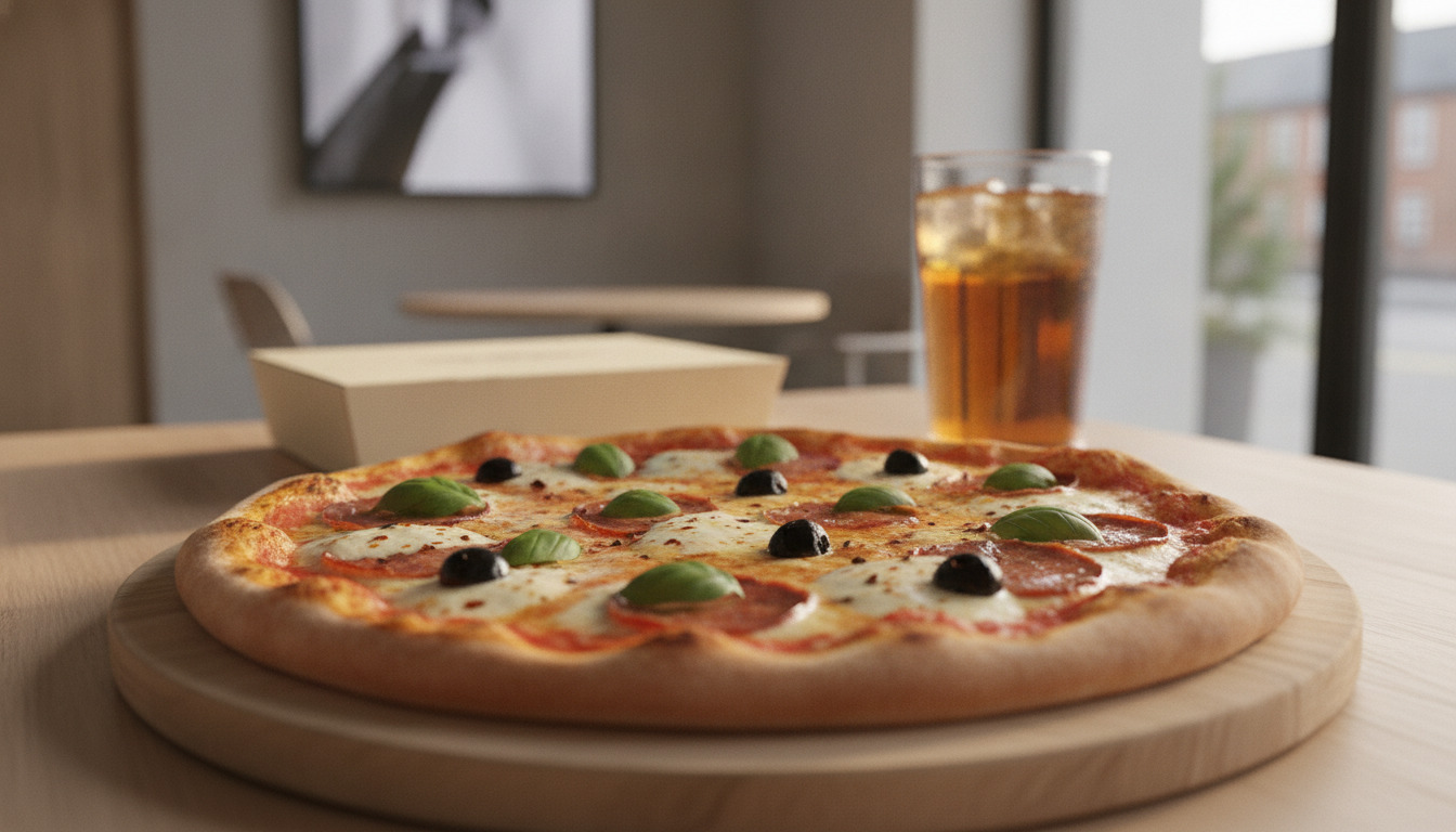 Friskbagt pizza med ost, topping og basilikum på træplade med drikkeglas i baggrunden.