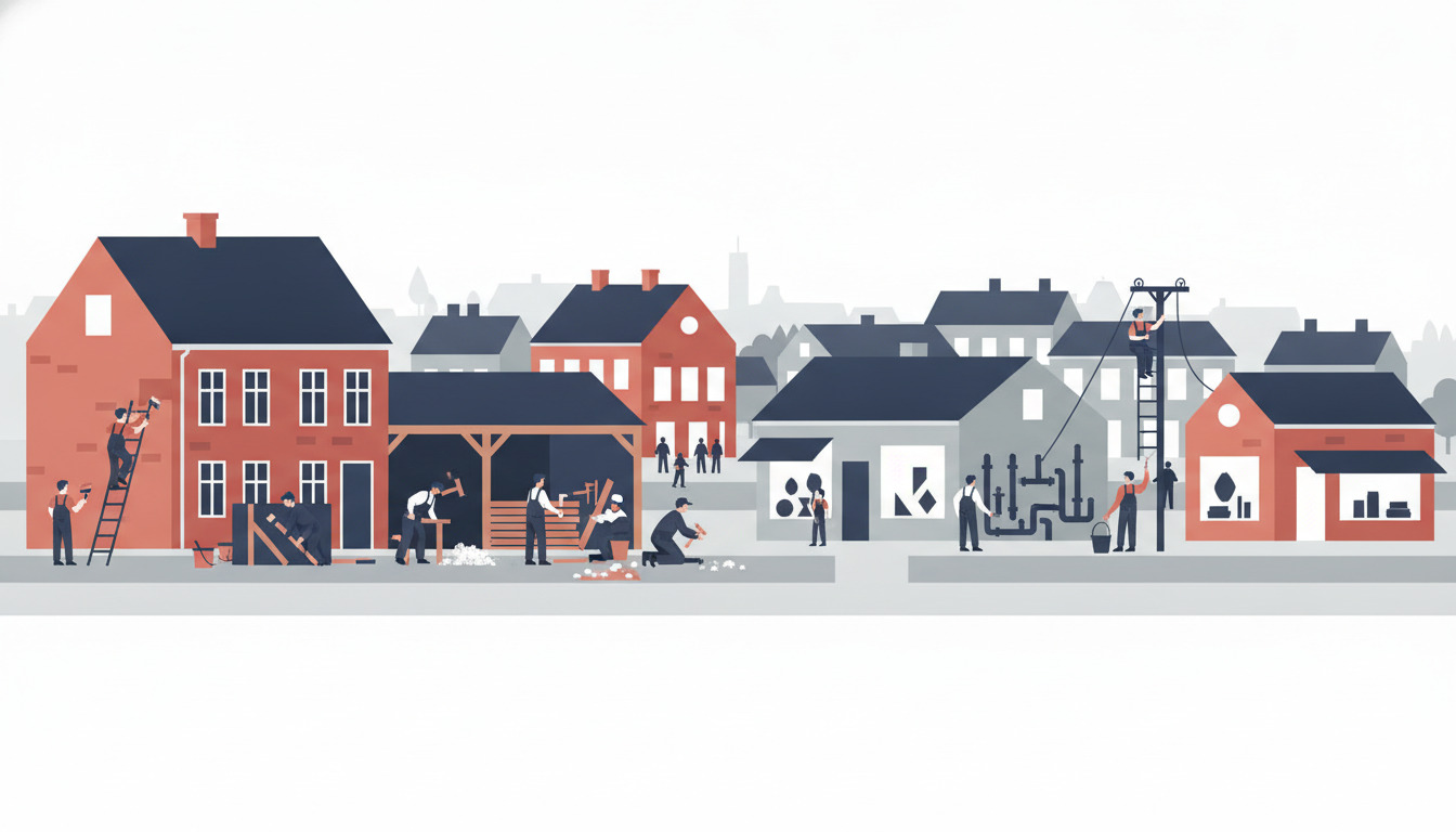 Fladvektorillustration af håndværkere og services i Galten: malere på stiger, tømrere med træ, VVS-installatører og elektrikere ved arbejde i traditionelle værksteder og hjem.