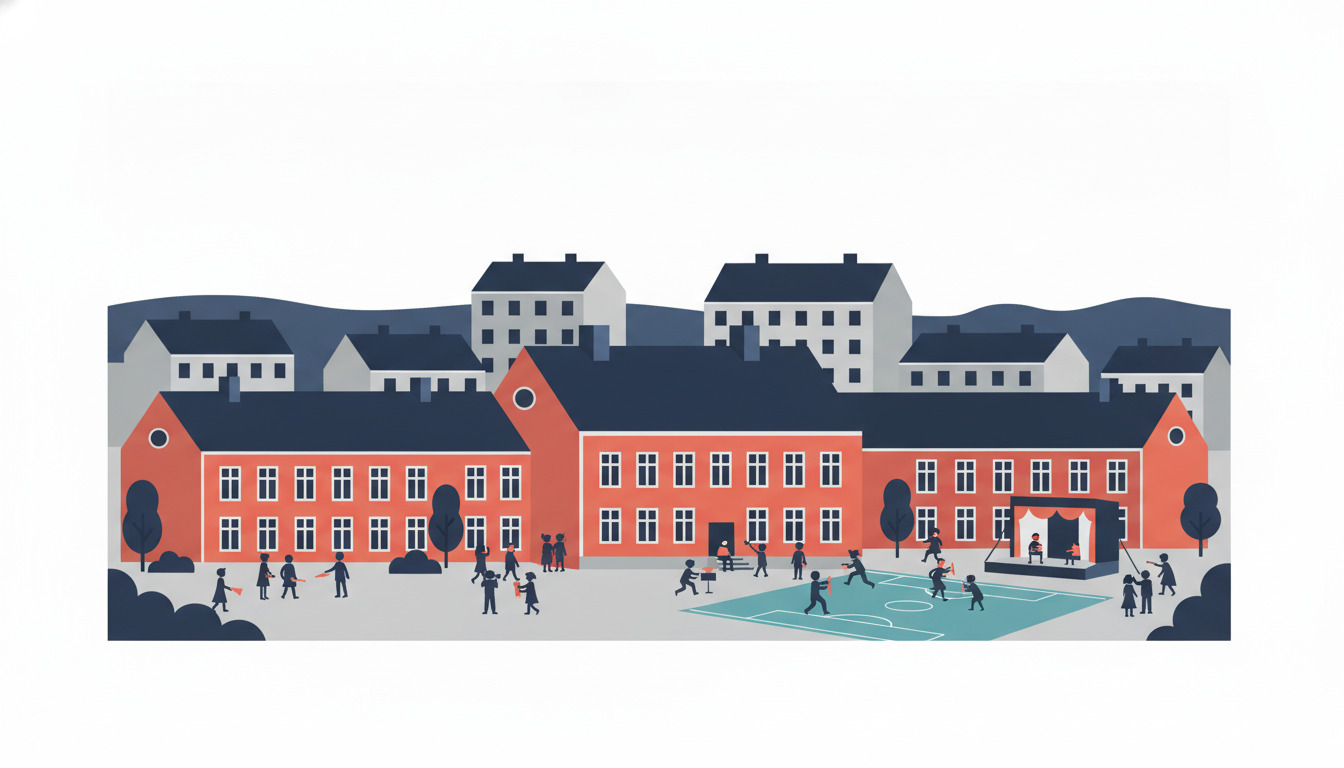 Flad vektorillustration af en dansk folkeskole: en fremtrædende rødt murstensbyggeri med hvidt kantede vinduer, gavle med små taarne, omgivet af elever der leger og socialiserer på en skolegård med en sportsplads, træer og tidsperiode-stilede boligbygninger i baggrunden.