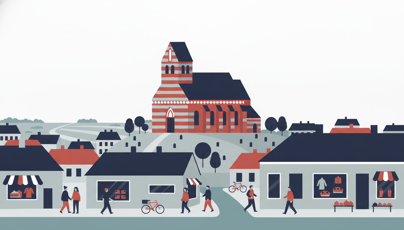 Flad vektorillustration af Hobros karakteristiske rød-hvid-stribede murstens kirke med tårn, omgivet af bygninge, træer, mennesker og cykler på et torv.
