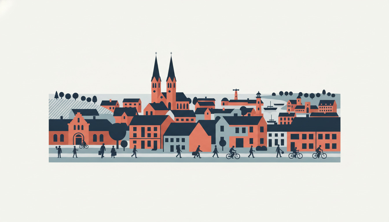 Illustration af Frederikshavn med jernbanestationen, kirken og havnen – nordeuropæisk bykulisse med karakteristiske røde mursten.