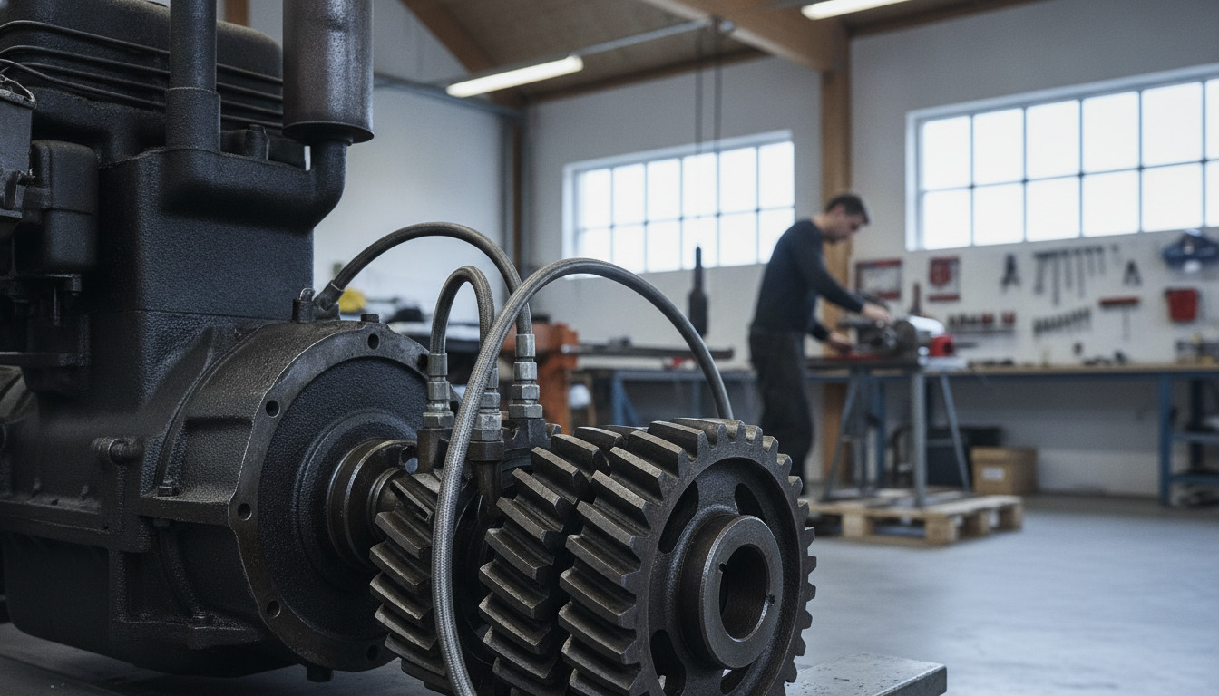 Nærbillede af industrielle metaludstyr med tændhjul, hydraulikslanger og motorkomponenter i håndværksværksted.