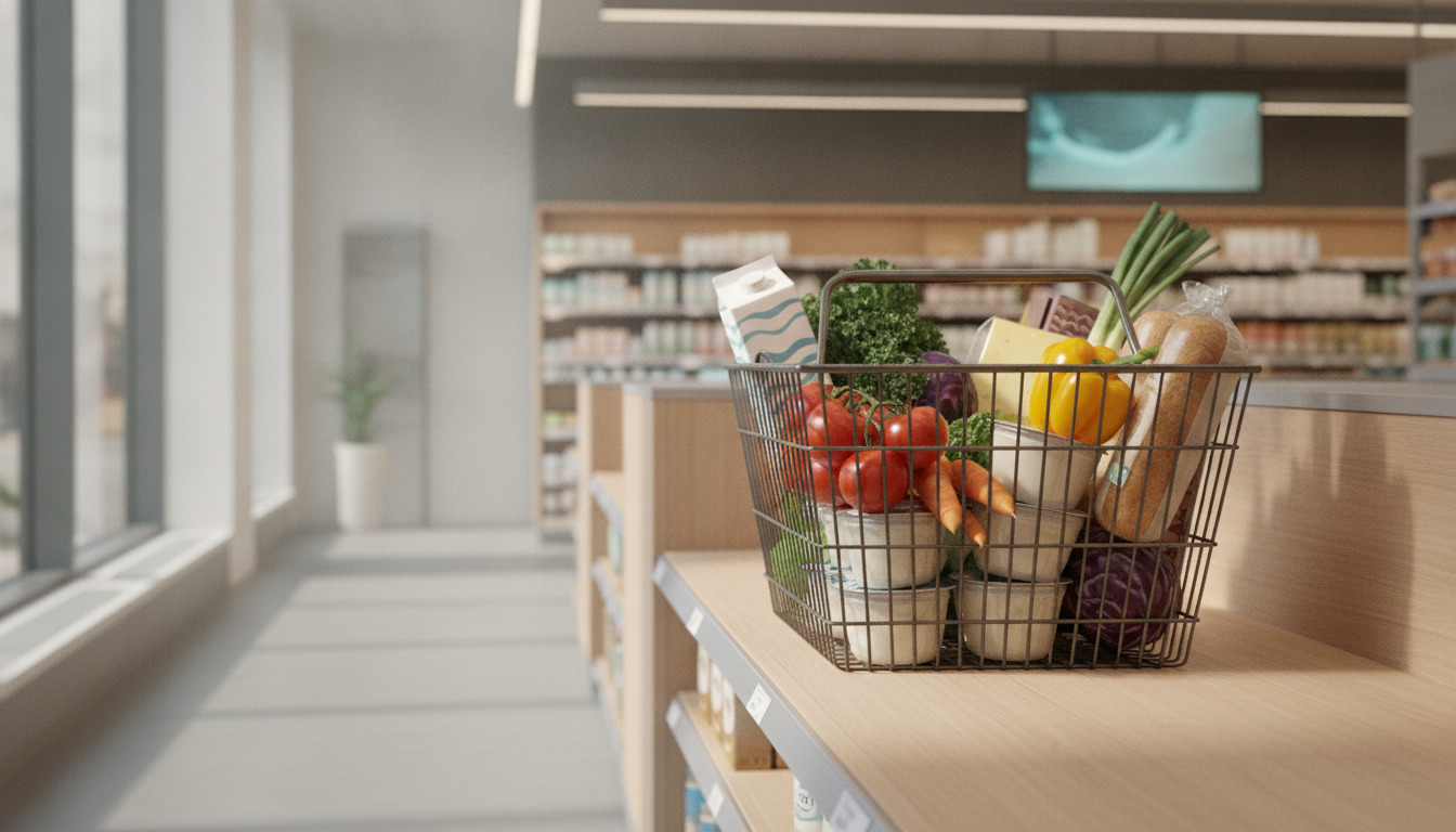 Indkøbskurv fyldt med friske grøntsager, frugt og pakker på en butikshylde.