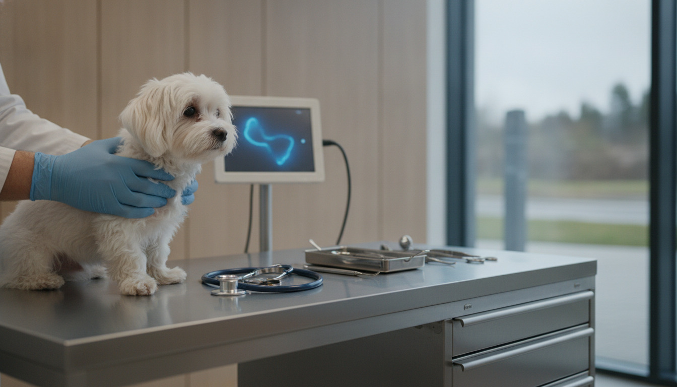 Hvid hund under dyrlægeundersøgelse på behandlingsbord med stetoskop og medicinske instrumenter.