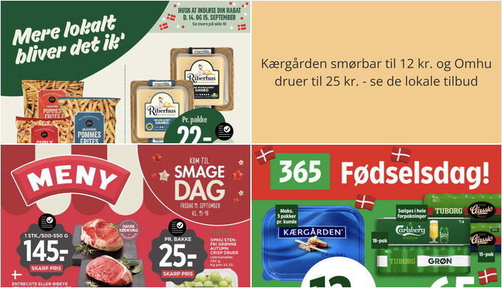Kærgården smørbar til 12 kr. og Omhu druer til 25 kr. - se de lokale tilbud