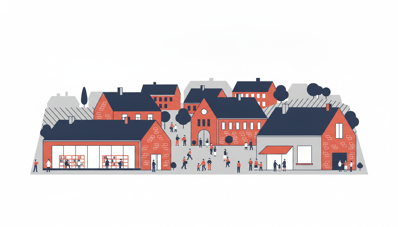 Farverig illustration af Brædstrup kulturelt centrum med røde murhusebibliotek, museum og kulturhus med mennesker på tværs af alle aldre der deltager i aktiviteter i det levende samfundsrum.