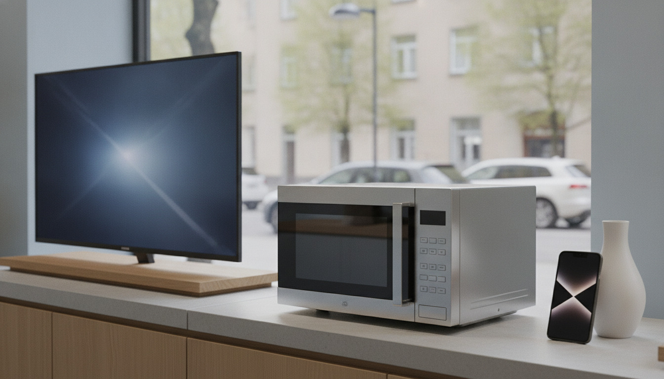 Elektronik på hyldepladsen: tv, mikroovn og smartphone på hvidt bord med naturligt lys.
