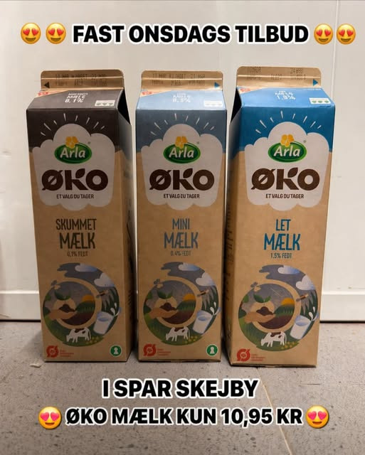 SPAR Skejby har fast onsdagstilbud på øko mælk til 10,95 kr.