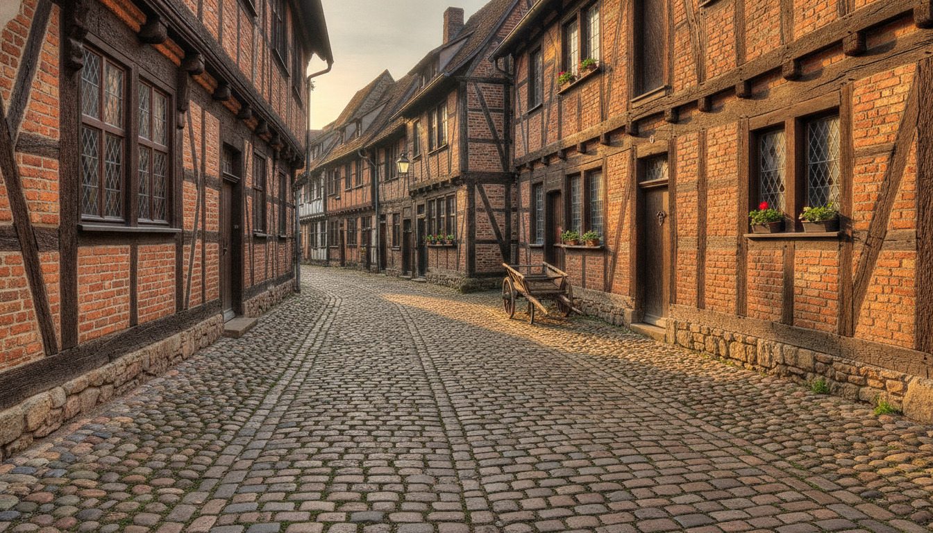 Nærbillede af gamle stenbrolagt vejflade med varmt mursten og skygger mellem historiske bygninger.