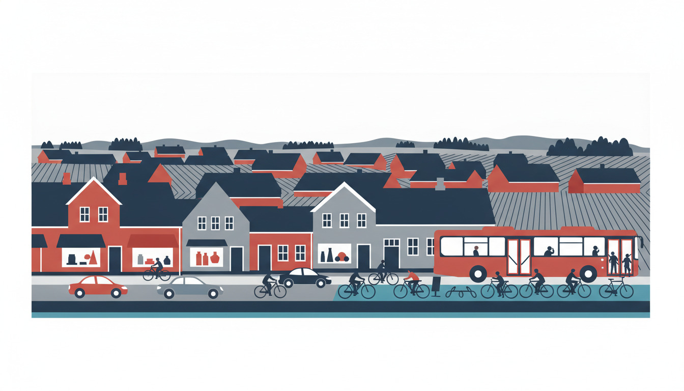 En byudvikling med røde og grå huse, storefront biler, en rød bus, og mange cyklister på turkis cykelsti ved vandkanalen.