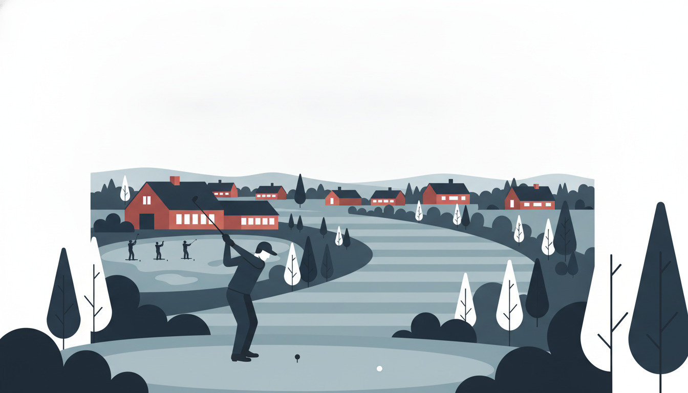 Scenisk golfbane i dansk småby med golfer mid-swing på fairway, klubhus og øvelsesområde i baggrunden blandt træer og naturlandskab.
