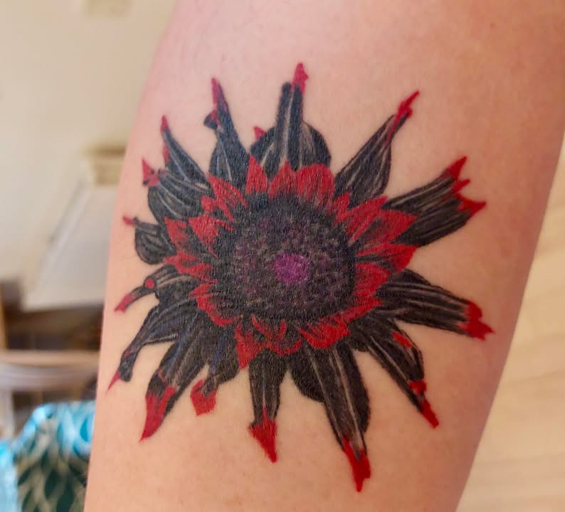 Skin & Colors Tattoo ApS viser en helet rød solsikke lavet af Dorthe