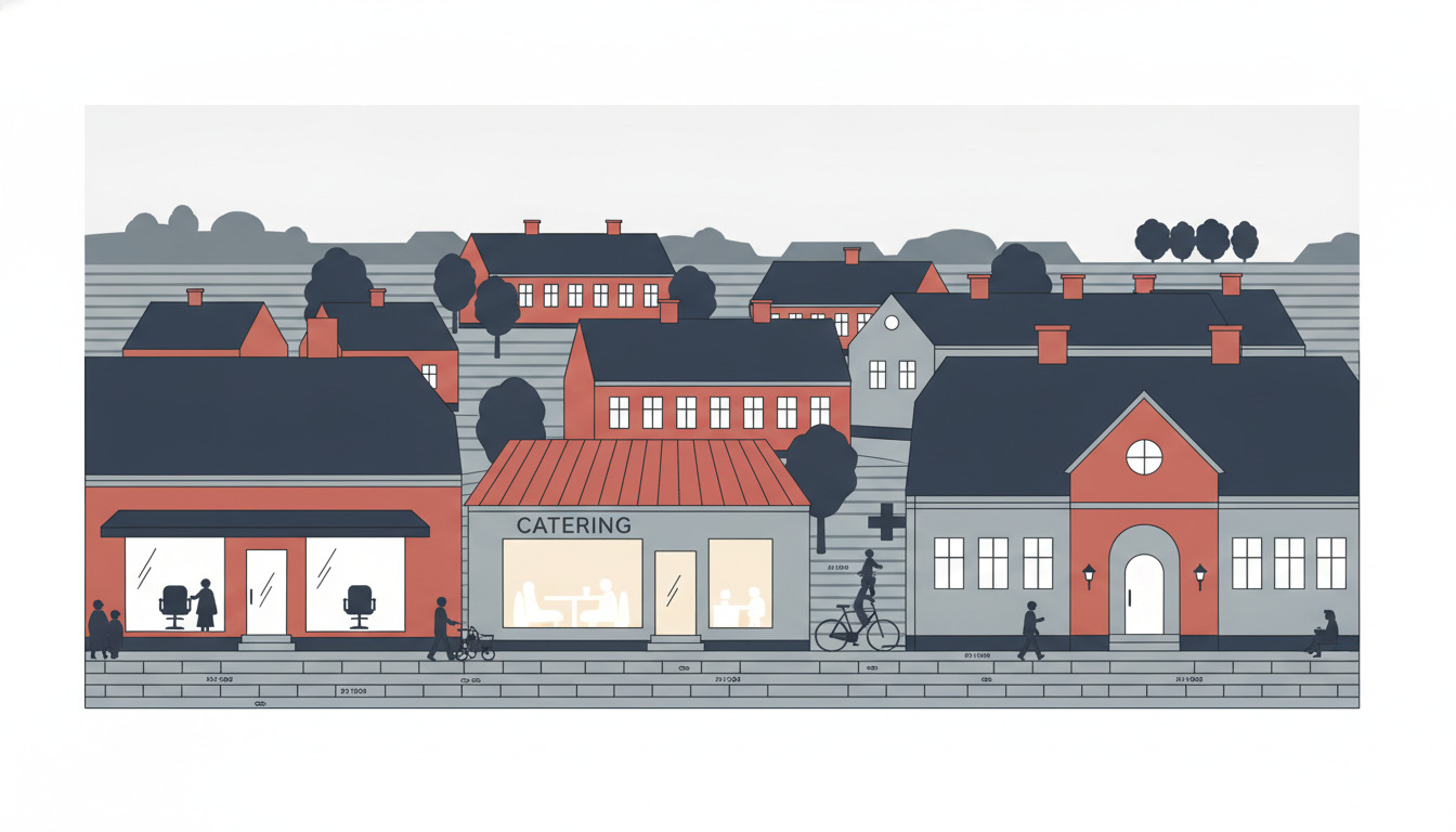 Gadebillede fra Spjald by med frisørsalon, cateringforretning og sundhedsklinik i butiksfacaderne, mennesker og cyklist på gaden, boligtagetekstrukturer og træer i baggrunden.