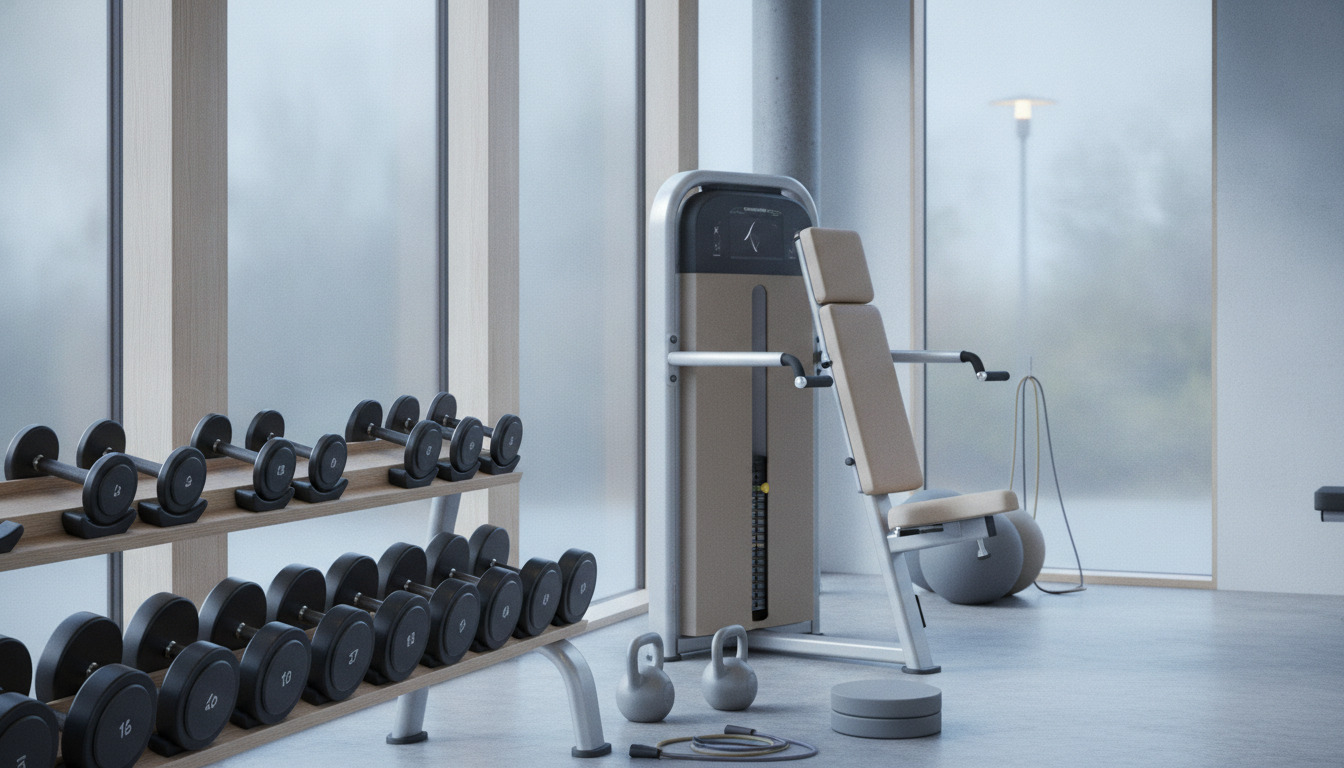 Moderne fitnesudstyr på hylder og træningsapparater i minimalistisk nordisk træningsfacilitet med nordlyst.