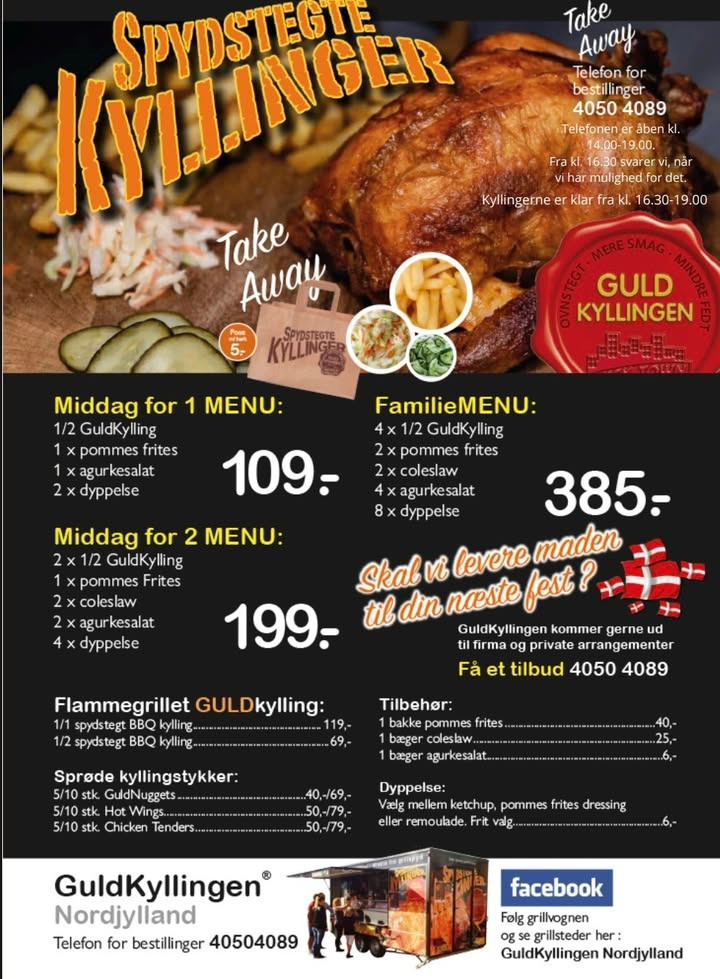Meny Als inviterer til lækker take away-aften med Guldkyllingen uden for butikken